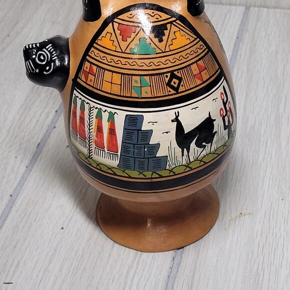 Vintage Cusco Peru Art Pottery Chicha Jaguar Rooster Jug Pitchers Hand Painted - Picture 3 of 10